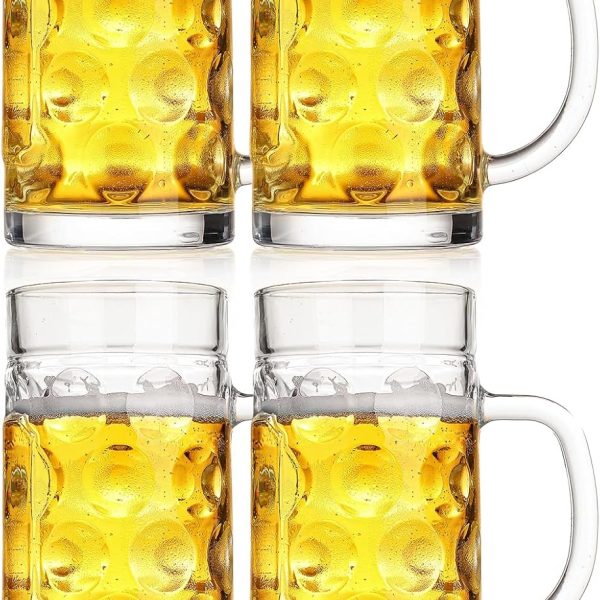 Beer Mugs for Freezer, 20oz Glass Beer Mug with Handle, Large Glass Beer Stein, Thick Frosty Mug for Beer Cup Mug for Water, Drinks, Lead-Free Beer Glasses Set of 4 for Men in Pub, Home