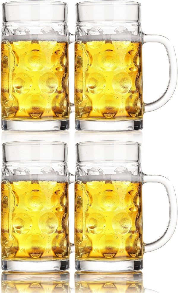 Beer Mugs for Freezer, 20oz Glass Beer Mug with Handle, Large Glass Beer Stein, Thick Frosty Mug for Beer Cup Mug for Water, Drinks, Lead-Free Beer Glasses Set of 4 for Men in Pub, Home