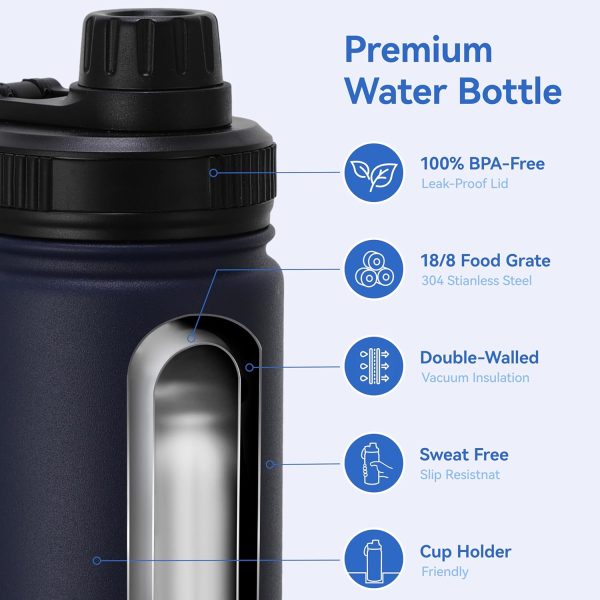16 oz Kids Water Bottle for School Stainless Steel Double Wall Vacuum Insulated Water Bottle with Straw lids & Spout Lid, Leakproof BPA Free (Navy,4)
