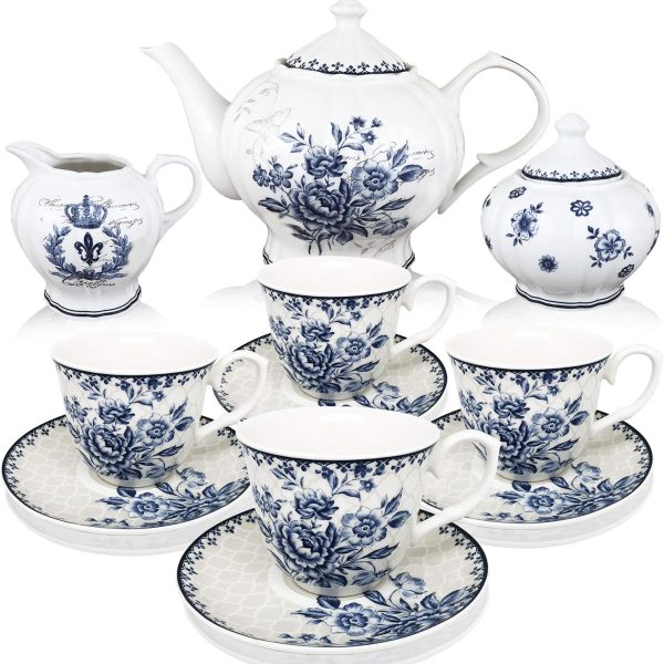 Blue Dream Tea Set, Tea cups (8oz), Tea Pot (48oz), Creamer and Sugar Set, Gift box, Tea Service, Tea Cups and Saucer Set, Tea Set for Adults, Porcelain Tea Set, Mother's Day Gift