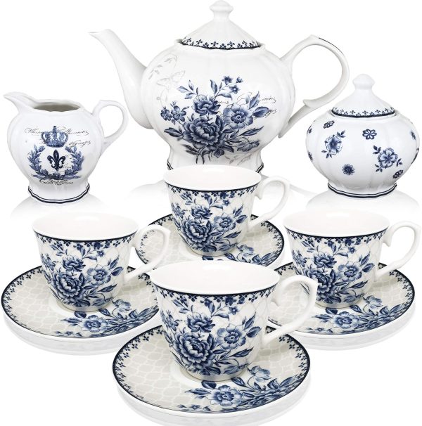 Blue Dream Tea Set, Tea cups (8oz), Tea Pot (48oz), Creamer and Sugar Set, Gift box,  Tea Service, Tea Cups and Saucer Set, Tea Set for Adults, Porcelain Tea Set, Mother's Day Gift